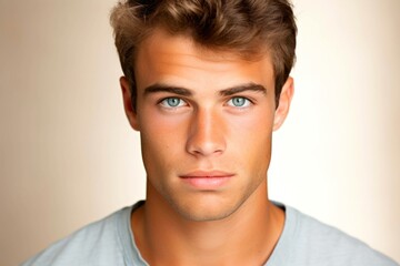 Wall Mural - Portrait of a handsome young man with blue eyes looking at camera