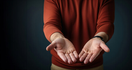 Wall Mural - Man in a red sweatshirt on a dark background holds his hands in front of him