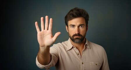 Wall Mural - Portrait of a young man showing stop gesture with his hand.