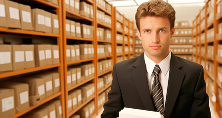 Wall Mural - Handsome young businessman standing in warehouse, looking at camera.