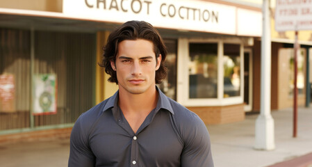 Wall Mural - Handsome young man standing in front of a clothing store.