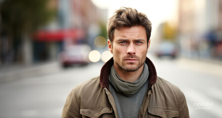 Poster - young man with coat and scarf on the city street looking at camera