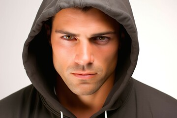 Wall Mural - Portrait of a young man in a hoodie on a white background