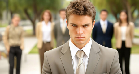 Wall Mural - Portrait of a pensive young businessman in front of his colleagues