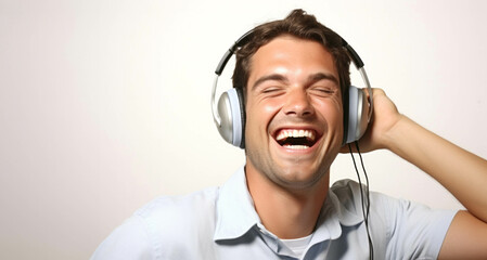 Wall Mural - Handsome young man listening to music with headphones on grey background