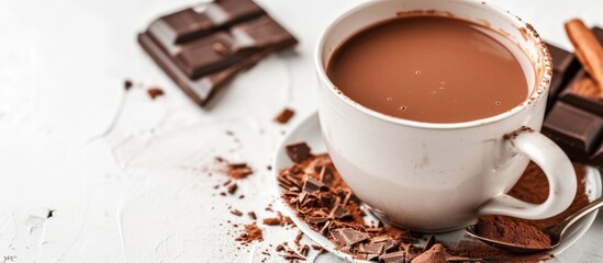 Poster - Delicious hot chocolate in cup on white backdrop.