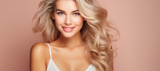 Wall Mural - Beautiful smiling woman with long blonde hair, looking away, isolated on pastel flat background