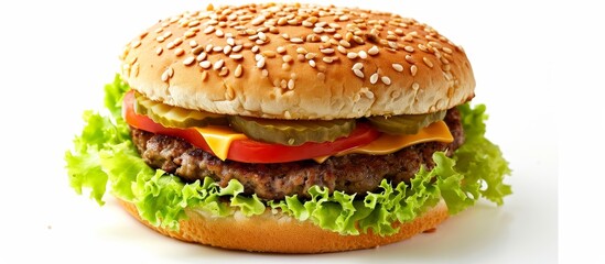 Wall Mural - Half a Delicious Hamburger on a White Background: A Perfect Half, Half, Half of a Juicy Hamburger on a Crisp White Background