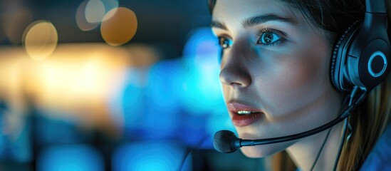 Canvas Print - Female operator speaking into headset microphone.