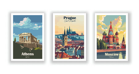 Wall Mural - Athens, Greece. Moscow, Russia. Prague, Czech Republic. Vintrage travel poster. Wall Art and Print Set for Hikers, Campers, and Stylish Living Room Decor.