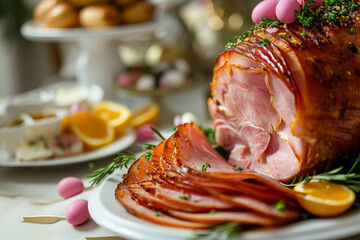 Wall Mural - Spiral sliced ham for Easter brunch, honey glazed ham on the table with green beans and oranges