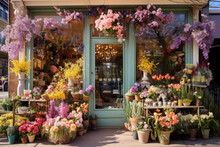 Storefront decorated for spring and Easter with flowers and whimsical decor, pastel colored decorations