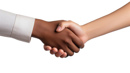 Wall Mural - Closeup picture of a man and woman shaking hands isolated on transparent and white background.PNG image.
