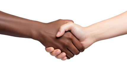 Wall Mural - Closeup picture of a man and woman shaking hands isolated on transparent and white background.PNG image.