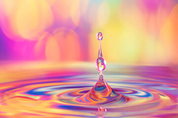 Poster - A vivid macro photo of a water droplet with a colorful, blurry background creating ripples.