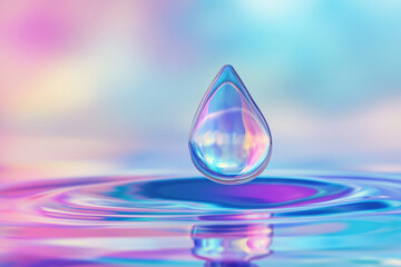 Poster - A mesmerizing water droplet captured in mid-air, reflecting a pastel-colored backdrop creating a serene scene.
