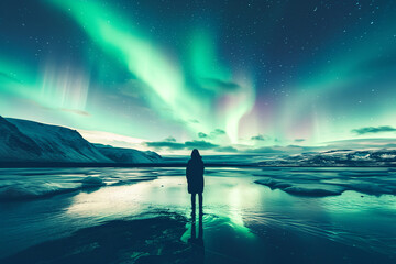 Wall Mural - Silhouette of a hiker admiring the view of aurora borealis in beautiful Icelandic nature. Sky with stars and green polar lights. Northern lights.