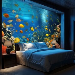 Canvas Print - A magical bedroom with aquarium glass walls, filled with colorful fish, invites to relax in this underwater oasis. Generative AI.