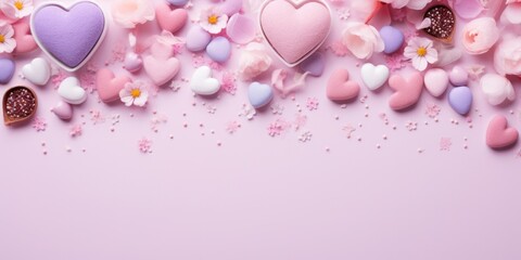 Valentine's Day pink background , including chocolates, flowers, and love-themed decorations, empty copy space for present