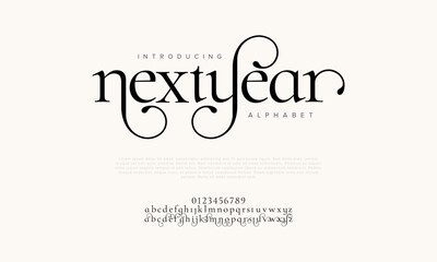 Nextyear premium luxury elegant alphabet letters and numbers. Elegant wedding typography classic serif font decorative vintage retro. Creative vector illustration