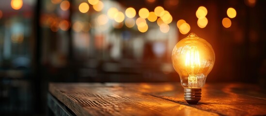 Wall Mural - Blurred Lightbulb on Wooden Table Creates a Cozy Cafe Background