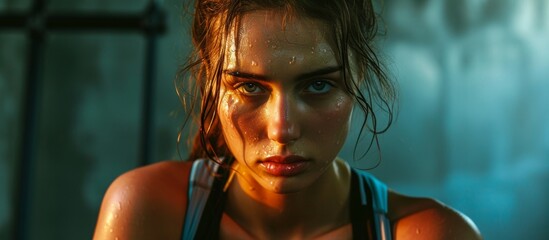 Poster - Desperate Young Fitness Woman - A Sad and Determined Portrait of a Young, Fitness-Obsessed Woman desperately Seeking Happiness.