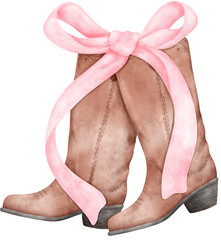 Wall Mural - Coquette Cowgirl Boots and pink ribbon bow watercolor