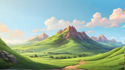 Wall Mural - Natural scenery with hills and lakes. Nature background. Cartoon or anime illustration style.