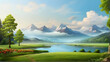 Natural landscape with mountains and lakes. Nature background. Cartoon or anime illustration style.
