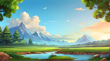 Wall Mural - Natural landscape with mountains and lakes. Nature background. Cartoon or anime illustration style.
