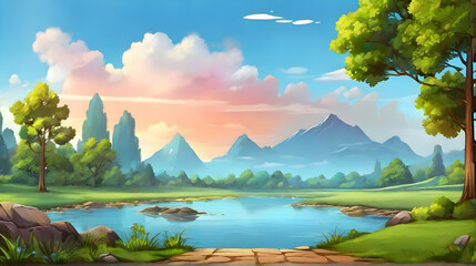 Wall Mural - Natural landscape with mountains and lakes. Nature background. Cartoon or anime illustration style.