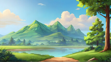 Wall Mural - Natural landscape with mountains and lakes. Nature background. Cartoon or anime illustration style.
