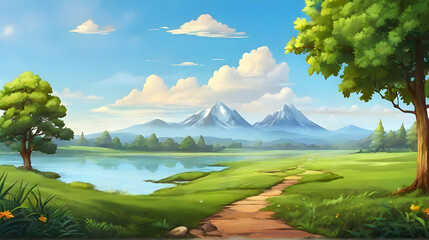 Wall Mural - Natural landscape with mountains and lakes. Nature background. Cartoon or anime illustration style.