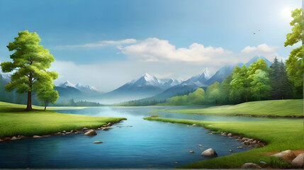 Wall Mural - Natural landscape with mountains and lakes. Nature background. Cartoon or anime illustration style.