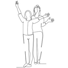 Wall Mural - continuous line of people standing raising hands, celebrating success