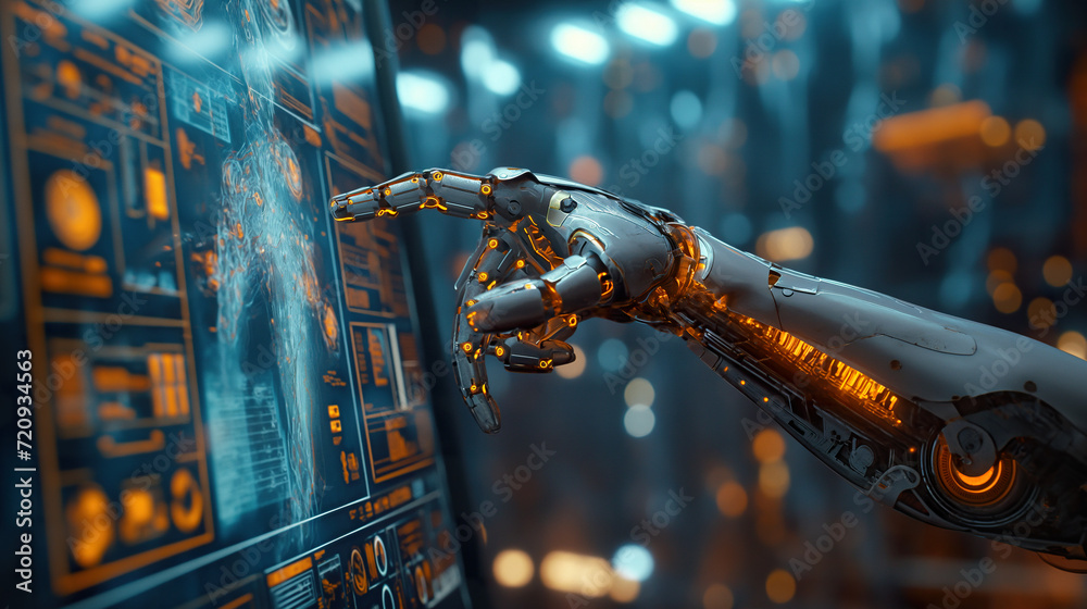 Cybersecurity concept with AI robotic arm manipulating a digital lock ...