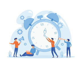 Wall Mural - Alarm clock rings on white background, concept of work time management, quick reaction awakening.  flat vector modern illustration 