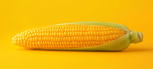 Agricultural and health food concept with corn cobs, ample copy space for advertising, against a minimalist yellow background