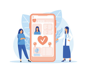 Wall Mural - Electronic health record, EHR digital patient chart via smartphone. Female doctor reading medical, treatment history, clinical data of young woman, healthcare app. flat vector modern illustration