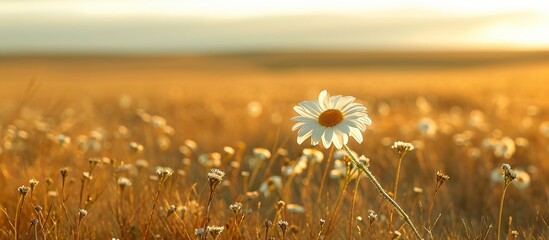 Sticker - Captivating Steppe Landscape: A Serene Single Daisy Blossoms amidst Vast Single Daisies on the Steppe