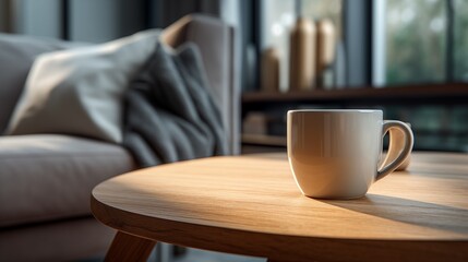 close up of a cup of coffee on a wooden side table