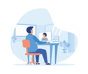 Poster - online interview. man talking to a young woman on a video call on his computer. flat vector modern i