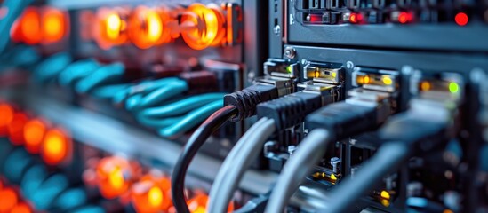 Poster - Operational equipment with cables in a data center rack.