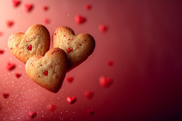 Wall Mural - Tasty festive heart shaped pink sugar cookies for Valentine's Day on red background. Homemade sweets. Romantic and love concept