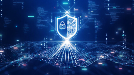 Fototapete - Cyber security technology concept shield protection connection big data abstract binary code dark blue background