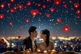 Fototapeta Paryż - couple in valentines day night at romantic restaurant celebrating their love pragma