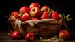 © Alex - Basket with fresh red apples on wooden table. Black background. Generative AI