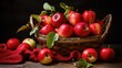 © Alex - Basket with fresh red apples on wooden table. Dark background. Generative AI