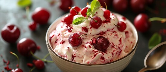 Wall Mural - Indulge in Creamy and Fresh Cherry Dessert - A Creamy Delight bursting with Freshness and Cherrylicious Goodness