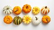 Autumn pumpkins collection isolated on white background. Flat lay, top view Generative AI